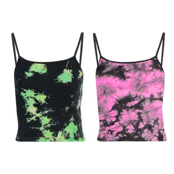 

Women Spaghetti Strap Crop Top Harajuku Punk Neon Tie-Dye Camouflage Camis Vest