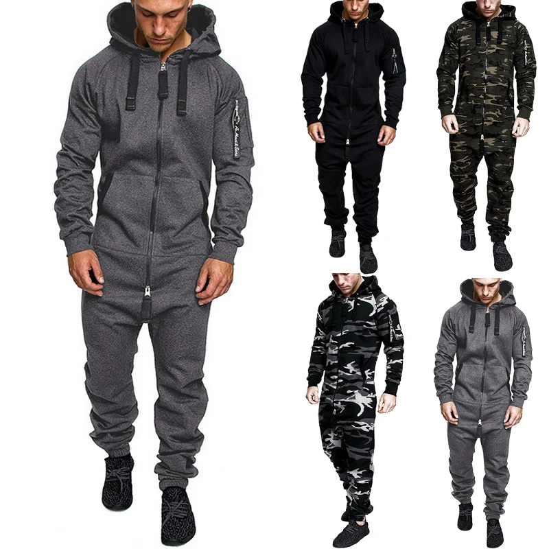 

Hoodies Overalls Men Pure Color Splicing Jumpsuit Long Sleeve Male Clothes Men's Jumpsuits One-piece Garment Pajama Streetwear