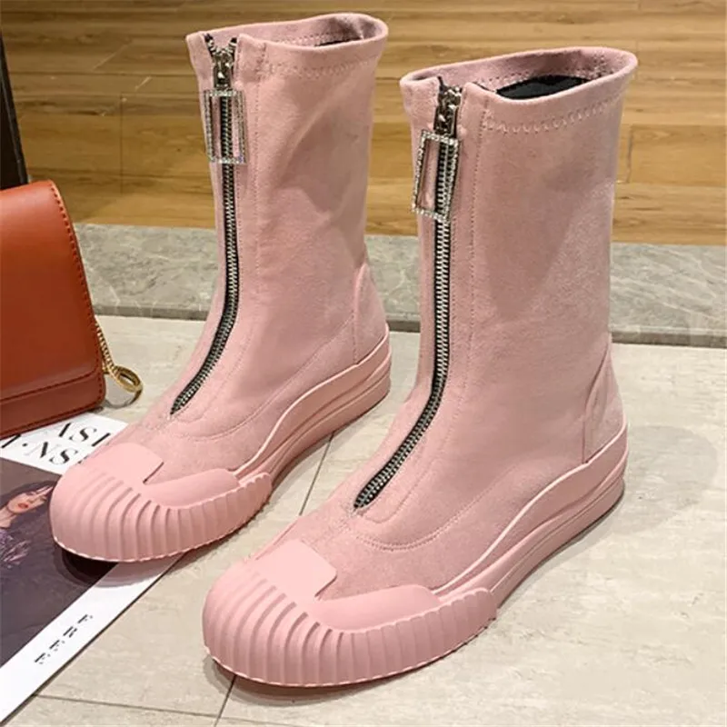 Tanie Nowy 2019 kobiet jesień zima wzmocniony przód zamek błyskawiczny z przodu rhinestone elastyczne skarpetki tkaniny krótkie buty motocyklowe buty Botas Mujer