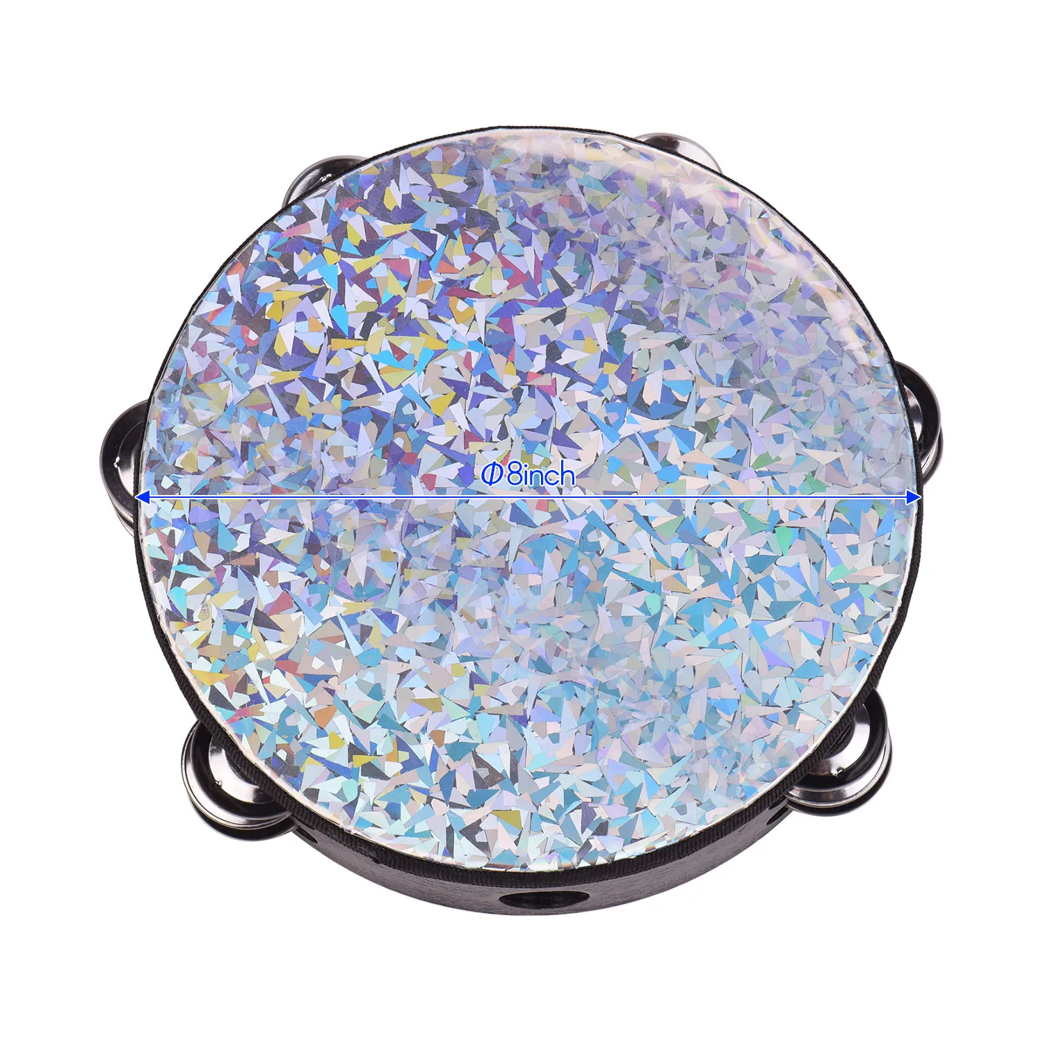 8/10 Inch Wooden Radiant Tambourine Handbell Hand Drum with Double Rows Jingles Shining Reflective Drum Head
