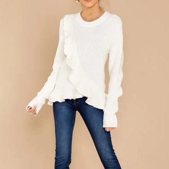 

Women Sweaters Pullover Female White Sweater Long Sleeve Cross Ruffled Tops Autumn Winter O-Neck Fashion Casual Sweaters 3XL