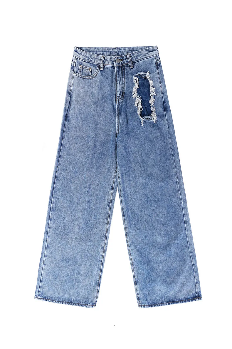New Fashion Autumn Winter Lace-up Waist Button Zipper Hole Pockets Loose Jeans Denim Trousers Wide Leg Pants Women Q231