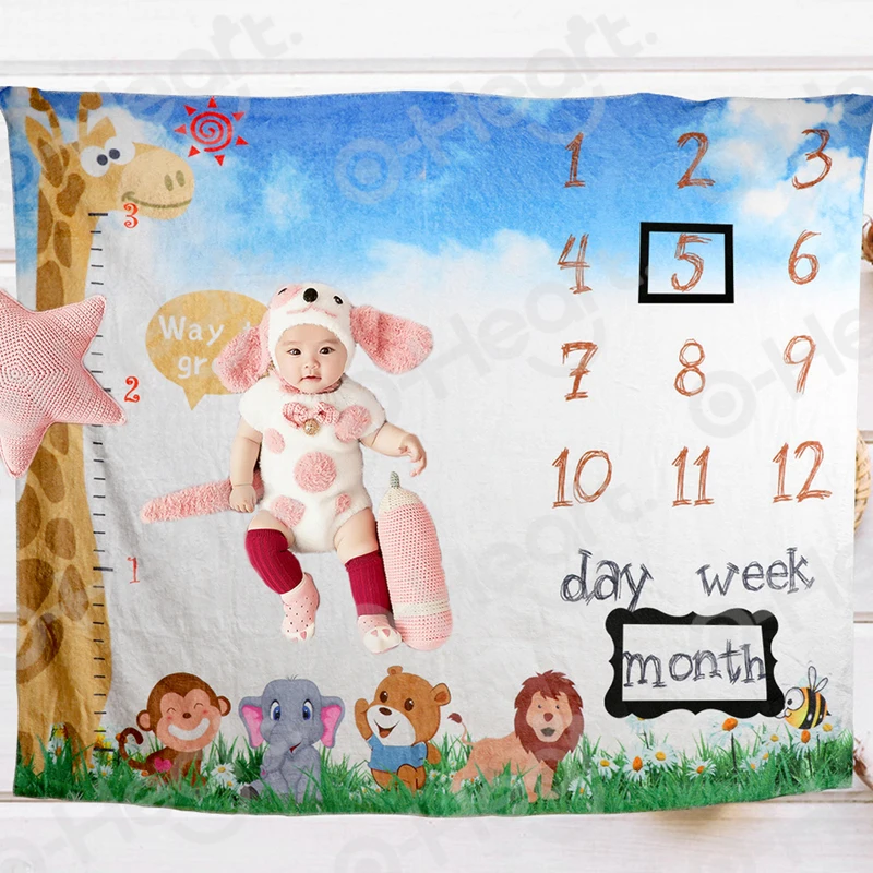 Счастливый для празднования первого дня рождения детское ежемесячное одеяло-Ростомер новорожденный фотография фон день рождения джунгли животные аксессуары