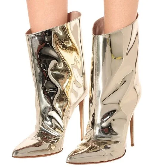 

Mirror Light Gold Patent Leather Woman Pointed Toe Thin Heels Mid-calf Short Boots Sexy Heels Plus Booties Lady Drop Shipping
