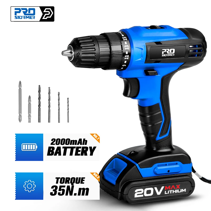 PROSTORMER 20V Electric Screwdriver Cordless Drill 30Pcs With Box Flexible Shaft Power Tool Lithium Battery LED Light Mini Drill