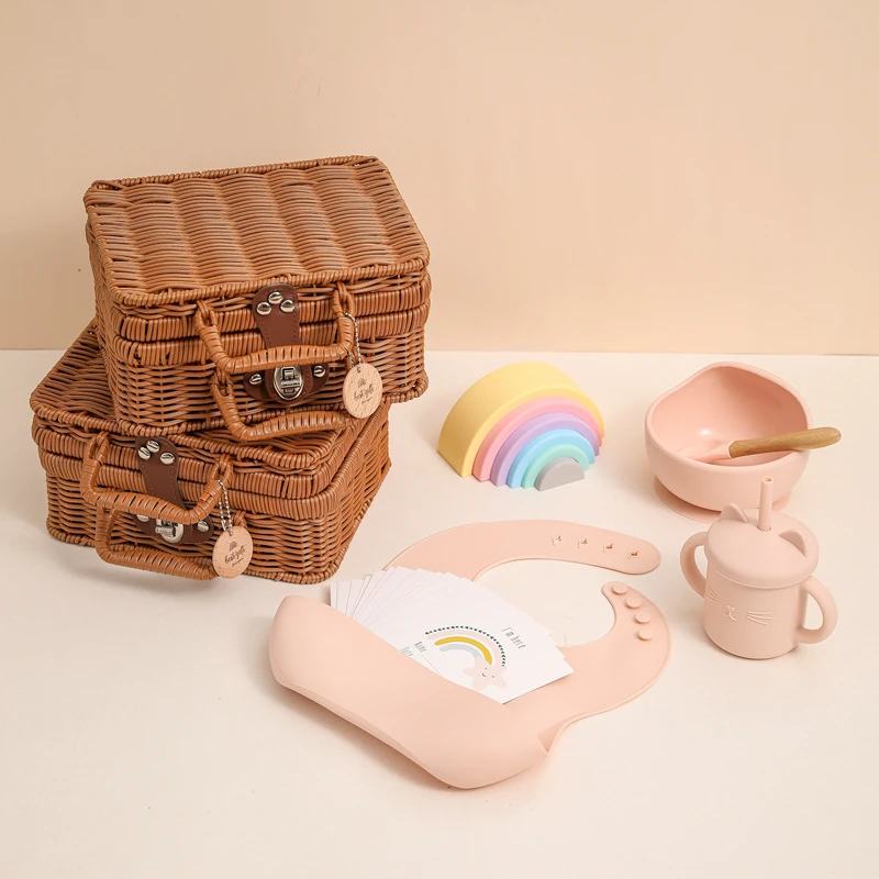 Baby Feeding Tableware Box Set Gifts Baby Silicone Rainbow Stacker Toy Set Baby Birth Vintage Box Gifts