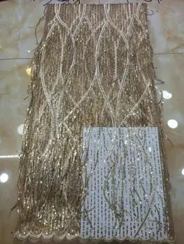 

Unique Tassel Design African Sequins Net Lace Fabric High Quality 2020 Nigeria Indian Embroidery Guipure Mesh Gold Sequined Lace