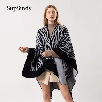 

SupSindy Winter scarf Zebra pattern cape Thick warm Shawl wrap Cashmere wool scarves for women cloak fashion poncho female stole