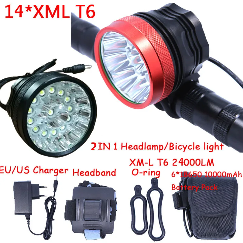 

Super Power Bright 2in1 Headlamp Headlight 14 x XM-L T6 LED Bicycle Light Cycling Bike Head Lamp + 6*18650 Battery Pack+Charger