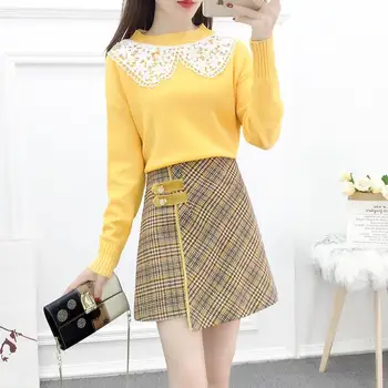 

2020 Autumn Winter Women Casual Lace Patchwork Knitted Sweater Pullovers 2PCS Set + Irregular Wool Plaid Skirt 2 Piece Suit T276