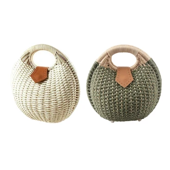 

2Pcs Snail'S Nest Tote Handbag Woman Straw Bags Women'S Handbag Rattan Bag - White & Green