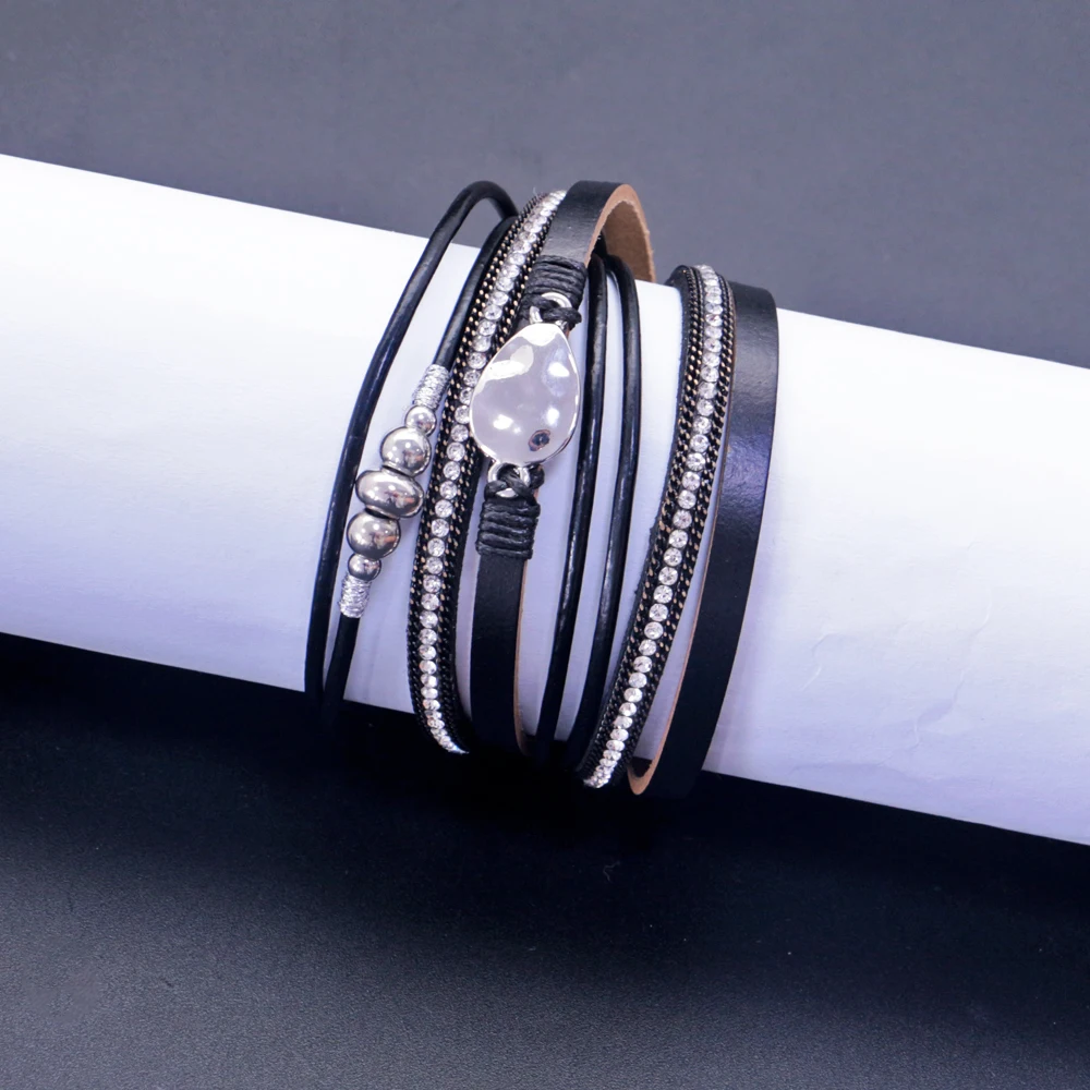 Lureen Многослойный кожаный браслет в богемном стиле, ювелирный браслет со стразами ручной работы, магнитный браслет с застежкой