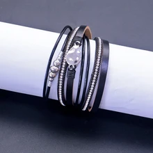 Lureen Многослойный кожаный браслет в богемном стиле, ювелирный браслет со стразами ручной работы, магнитный браслет с застежкой