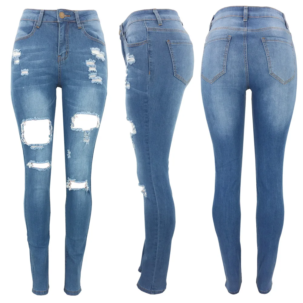 

New Ladies Ripped Jeans Fashion Personality Casual Female Skinny Jeans Denim Slim Pants High Waist Pencil Pants Best Selling
