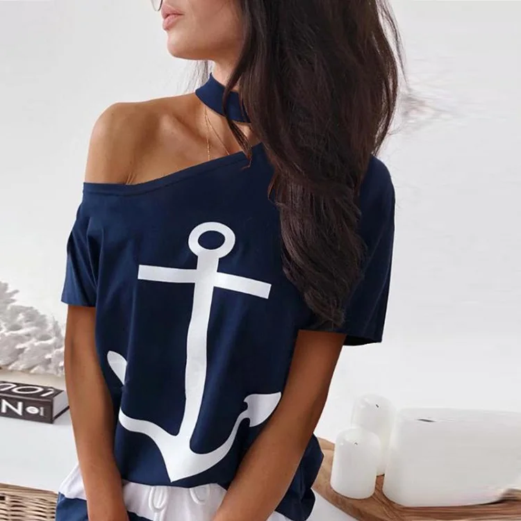 03 Dark Blue Tops Fanbety женское сексуальное платье с открытыми плечами, комплект из двух предметов, платье с принтом якоря, рубашки в полоску, комплекты платьев, женское Повседневное платье длиной до щиколотки - Цвет: 03 Dark Blue Tops