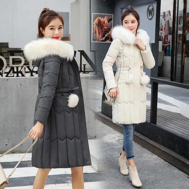 

2019 Winter New Style down Feather Cotton-padded Clothes Women's Mid-length Hooded Large Fur Collar Slim Fit Slimming Large Size