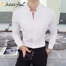 

2021 Men's Work Shirt Solid Color , Fashion V-neck White Mens Shirts , High-quality Hotel Waiter Slim Shirt Men