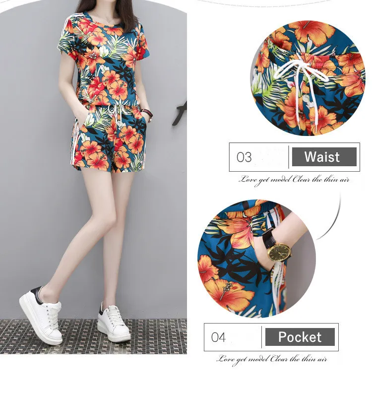 шорты женский костюм женский Shorts Sets Summer 2021 Short Sleeve T-Shirt + Shorts Pants two piece set women Flower Print Suits white co ord set