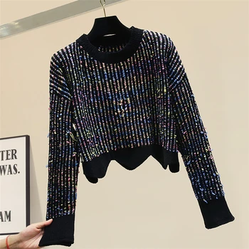 

Harajuku New Autumn Winter Sweater Top Women's Knit Coat Short Irregular Color Knitting Sweaters Women Loose Knitted Jumper Tops