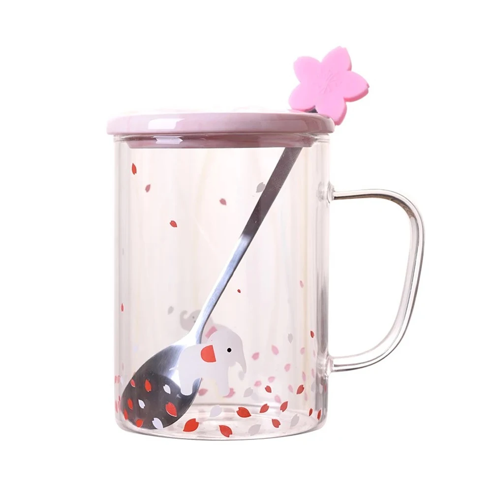 С крышкой чашки чайная чашка узор с Сакурой креативные кофейные кружки барная ложка стеклянная чашка молоко изолированный тепловой контейнер для напитков