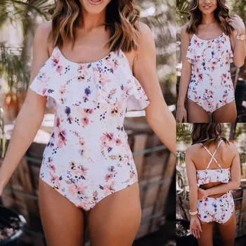 

New Women's Jumpsuit Floral Printed Biquini Monokini Ruffle Bathing Suit Push Up Padded Female Intimates Hot Sexy Femme Lengerie