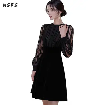 

Autumn See Through Dresses Women Long Lantern Sleeve Black Velvet Elegant Mesh Bandage Bodycon Vintage Sexy Party Midi Sundress