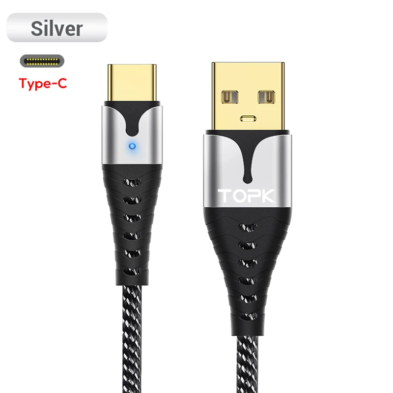 TOPK светодиодный 3A Тип usb C Быстрый зарядный кабель для передачи данных для samsung S10 huawei P30 Pro мобильного телефона Тип-C Зарядное устройство кабель - Цвет: Silver