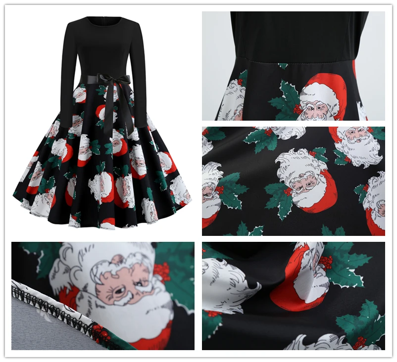 Bebovisi Женское зимнее рождественское платье больших размеров с принтом снежинки, платья с длинными рукавами, повседневные Элегантные винтажные вечерние платья