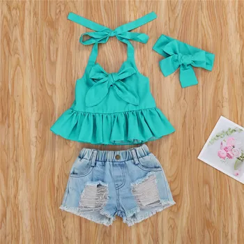 

Girls Clothing Sets Summer Two Piece Sleeveless Halter Vest Tops+Ripped Denim Shorts Children Fashion Girls Clothes Suit Outfits