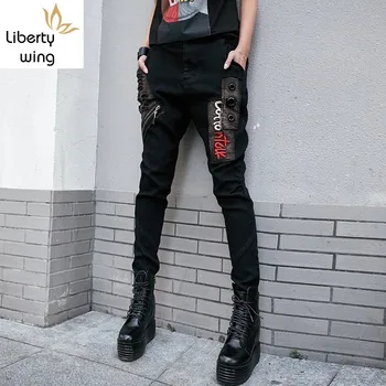 

Punk Style Womens Letter Embroidery Hole Ripped Jogging Pants Elastic Waist Stretchy Streetwear Full Length Pantalones De Mujer