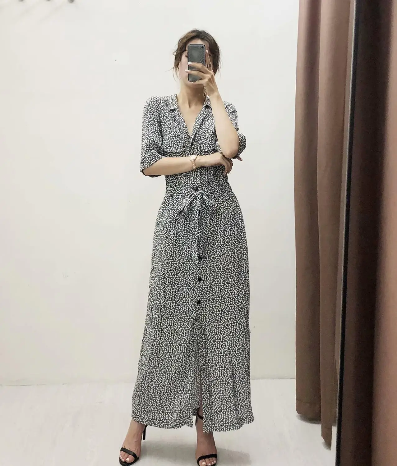 Euro women vintage small floral vestidos printing casual long dress chic elegant pocket bow tied sashes dresses DS2678