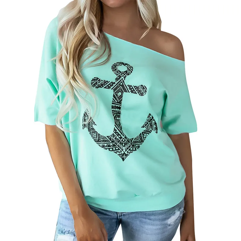 

2020 Summer Sexy Women Strapless T-shirt Off Shoulder Tops Short Sleeve Printed Street Tees Round Neck Loose Casual Green Black