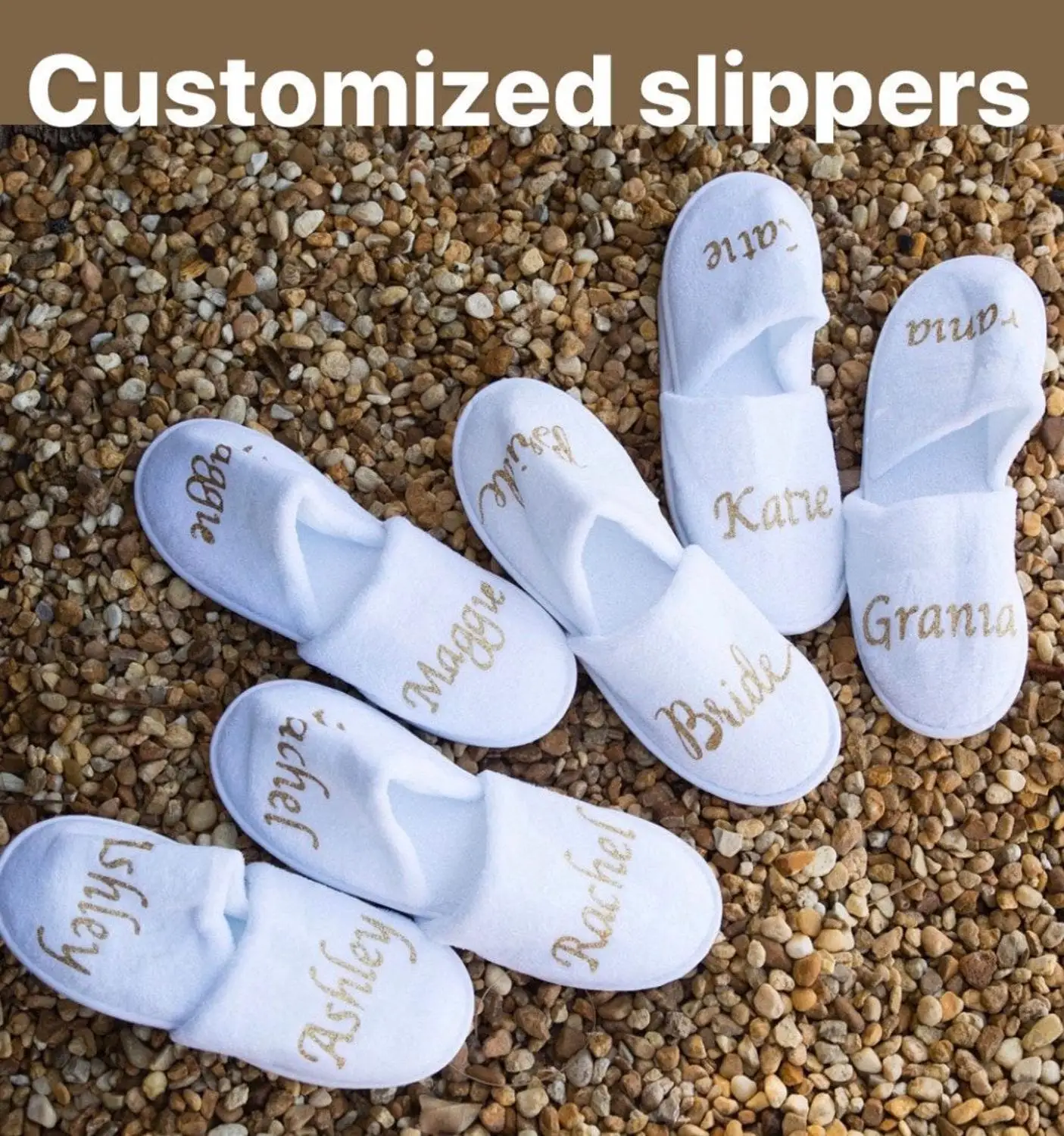 Personalised Slippers Diamantes Wedding Spa Guest Shoes Towelling Gold Fancy 