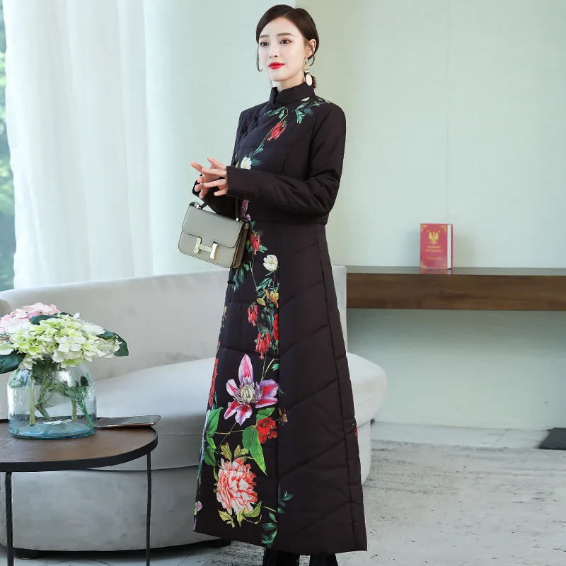Winter New Style Retro Chinese-style Women's Exta-long over-the-Knee Ethnic-Style Printed Long down Feather Cotton Overcoat