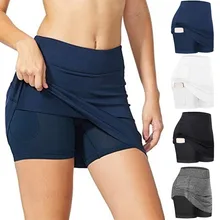 

Women Athletic Running Tennis Elastic Skorts Skirts Inner Shorts With Pockets Fake Two-piece Bird-eye Culottes Leggings Fitness