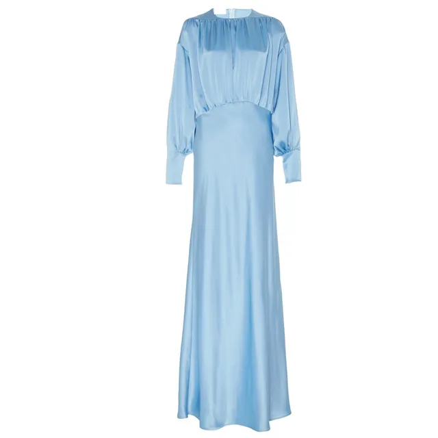 Fashion Elegant Blue Satin Silk Long Dress Vintage High Waist Vestidos ...