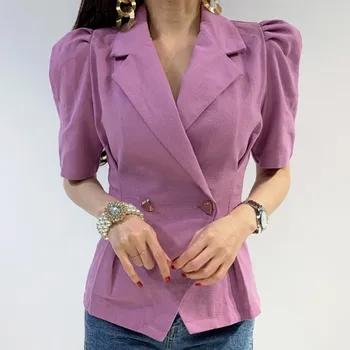 

Women Solid Short Sleeve Blazer Tops Notched Button Slim Waist Office Lady Work Elegant Thin Coats Korean Chic Summer