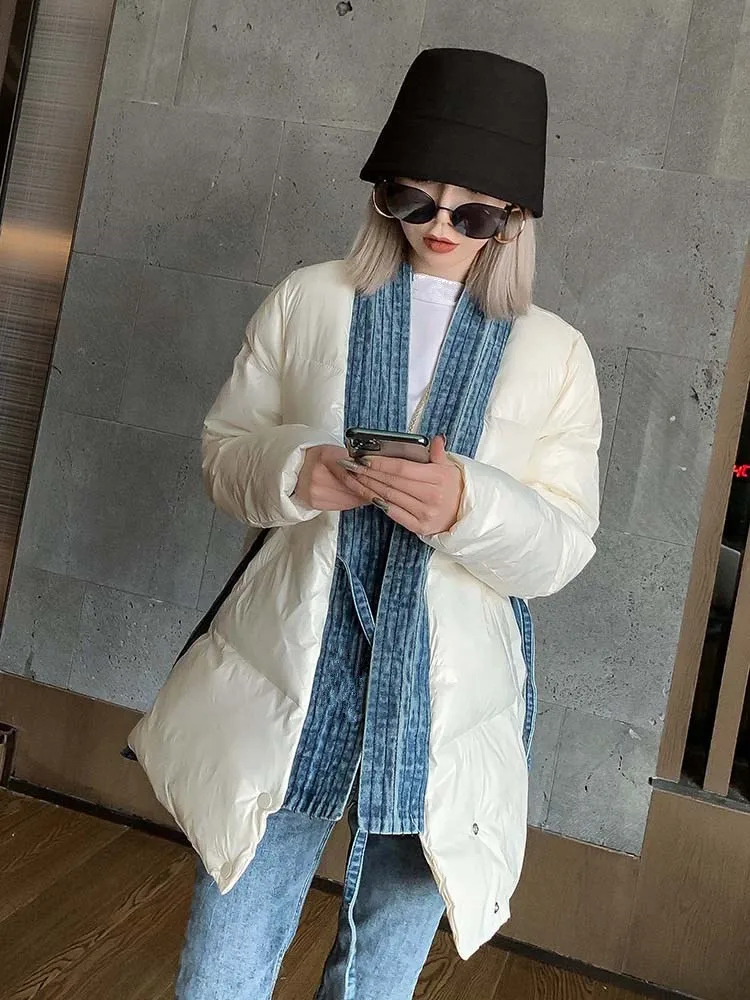 Белый WHITNEY WANG Parkas Зимняя мода уличная джинсовая Лоскутная перекрестные пояса Женская парка с хлопковой подкладкой Толстое Зимнее пальто - Цвет: Белый