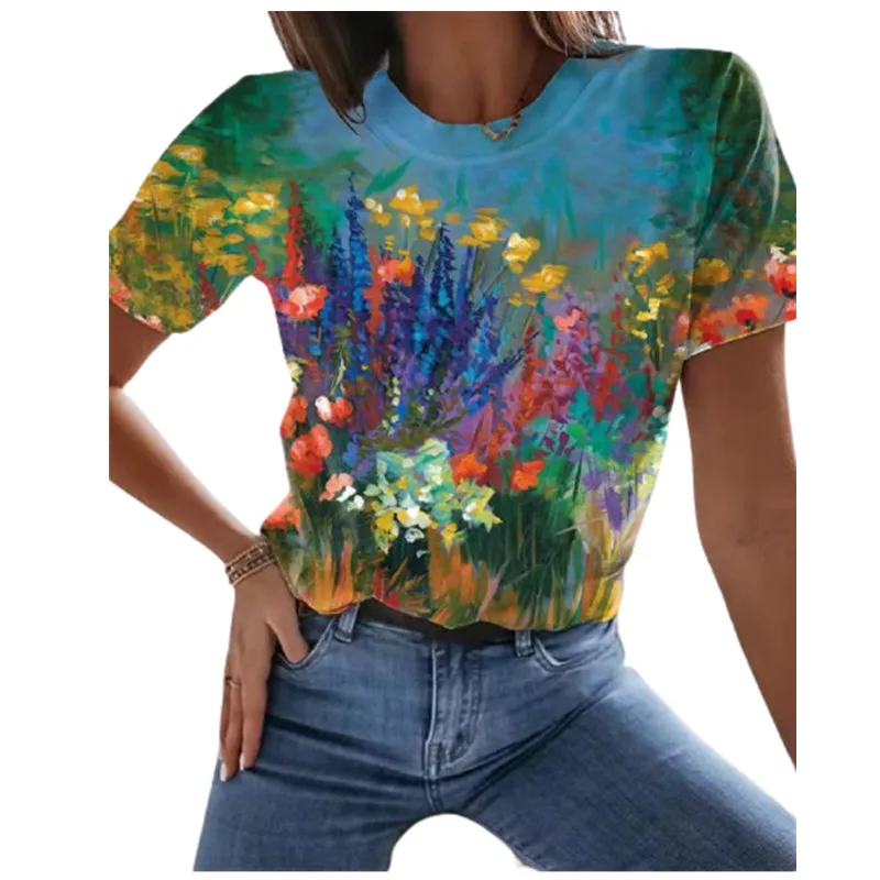 5XL Oversized Ladies Tops Women Plus Size Floral 3D Print T Shirt Loose V-Neck Short Sleeve Casual Tee Top Summer New Streetwear