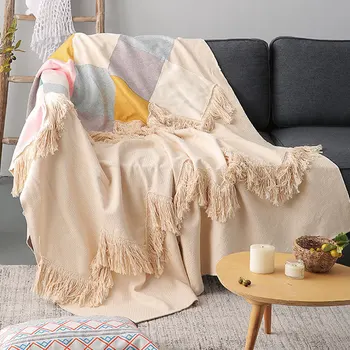 

Patchwork Sofa Towel Multifunctional Lazy Sofa Cover Slipcover Moroccan Style Line Blanket Geometric Tassels Tapestry Multiple
