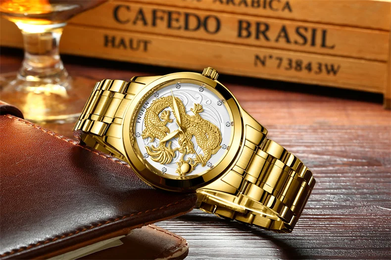 New Golden Mens Watches Top Brand Luxury Chinese Dragon Quartz Watch Business Stainless Steel Clock Male Relogio Masculino S666
