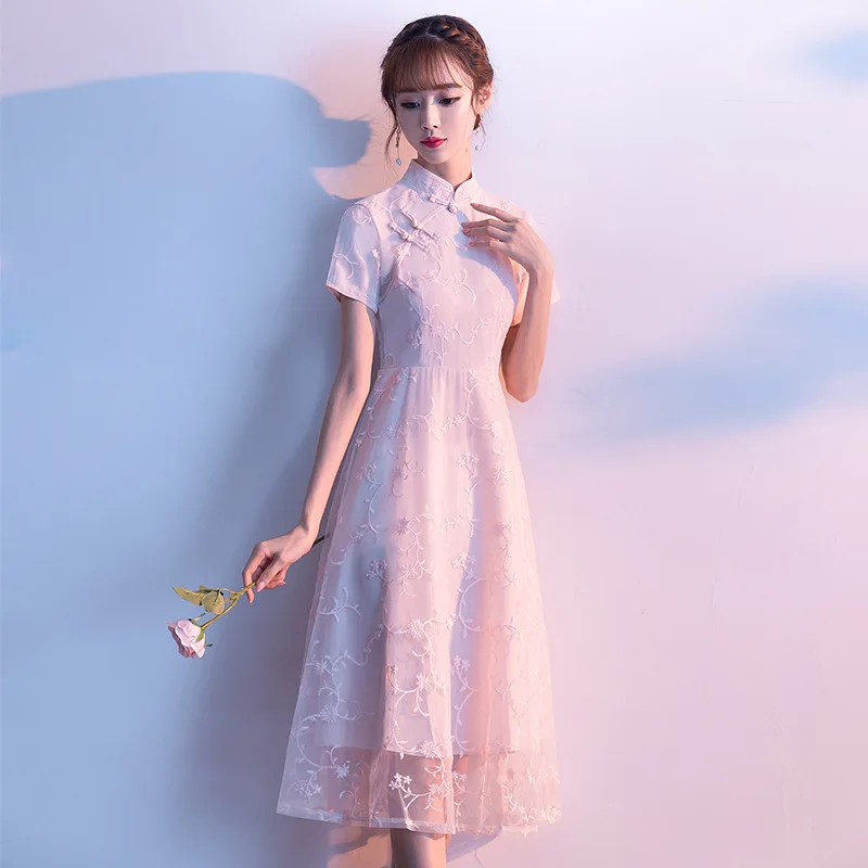 

Mid-length Cheongsam Style Dress Spring Summer 2019 New Style Modified Version of Daily Life Lace Embroidered nian qing kuan GIR