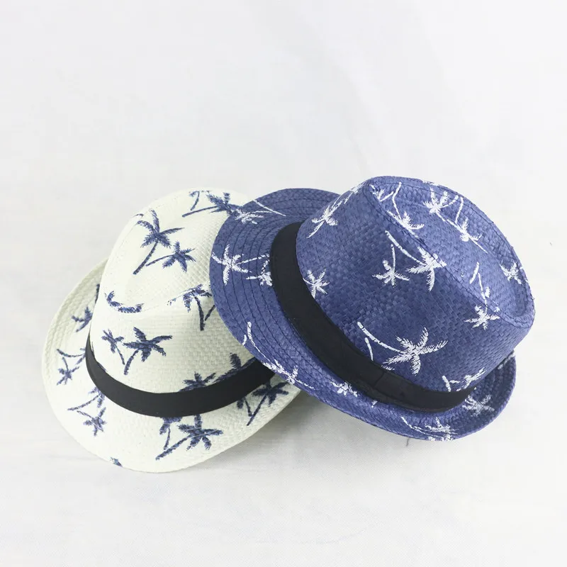 Beach Hat Women Sun Hat Adult / Child Linen Woven Jazz Straw Hat Men Women Coconut Tree Pattern Sun Hat Summer Beach Travel Sunscreen Ribbon U27