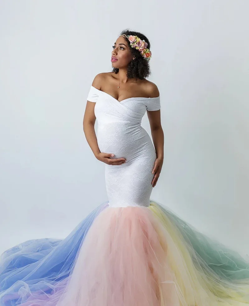 Lace Maternity Photography Props Dresses Rainbow Mesh Pregnancy Dress Long Pregnant Women Maxi Maternity Gown For Photo Shoots (4)