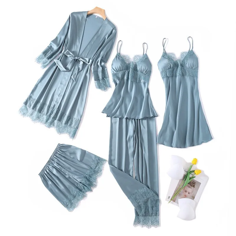 

Sexy Female Sleepwear Nightgown Lace Patchwork Pajamas Suit 5PCS Sleep Set Nightwear Silky Kimono Bathrobe Gown Home Clothes
