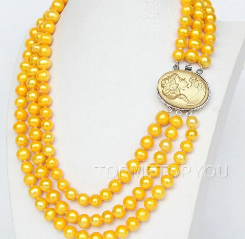 Free Shipping Genuine 3rows 9mm Golden yellow cultured pearls necklace cameo clasp | Украшения и аксессуары