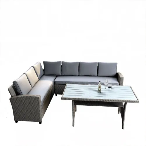 Outdoor Furniture Sectional PE Rattan Wicker Patio Set With Faux Wood Grain Top Table And Cushions Modern Design Garden Sets Outdoor Furniture Sectional PE Rattan Wicker Patio Set With Faux Wood Grain Top Table And Cushions Modern Design Garden Sets