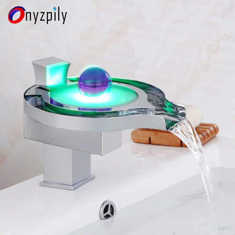 Onyzpily, кран для раковины в ванной, светодиодный, водопад, носик, смеситель с крышкой, на бортике, горячая и холодная вода, смеситель для ванной комнаты
