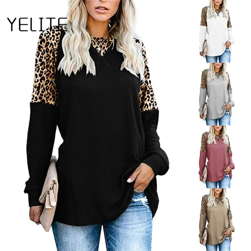 

YELITE Fashion Women autumn O-Neck Long Sleeve Leopard print Patchwork Sleeve Top Casual Tee female black white shirt chemise