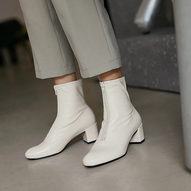 

Brand Genuine Leather Women Shoes New fashion simple style Chelsea Ankle Boots Footwear Women's Square head High Heels Booties